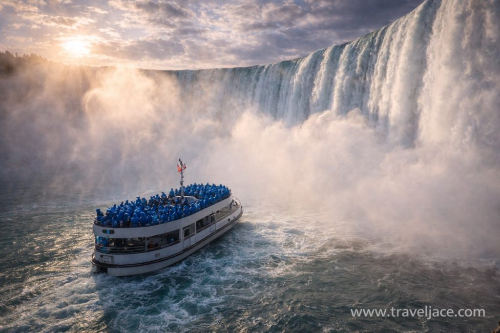 Niagara Falls boat tour boarding area with travelers in ponchos, scenic gorge backdrop, vibrant summer atmosphere, ultra realistic travel photography, 16:9, 4K, transparent watermark www.traveljace.com