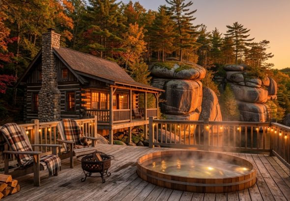 Ultra realistic 16:9 spacious family cabin in Hocking Hills with large porch and forest surroundings, bright natural light, peaceful atmosphere, UHD 4K, no text, no watermark