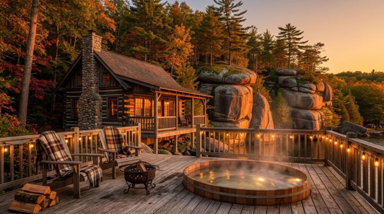 Ultra realistic 16:9 spacious family cabin in Hocking Hills with large porch and forest surroundings, bright natural light, peaceful atmosphere, UHD 4K, no text, no watermark